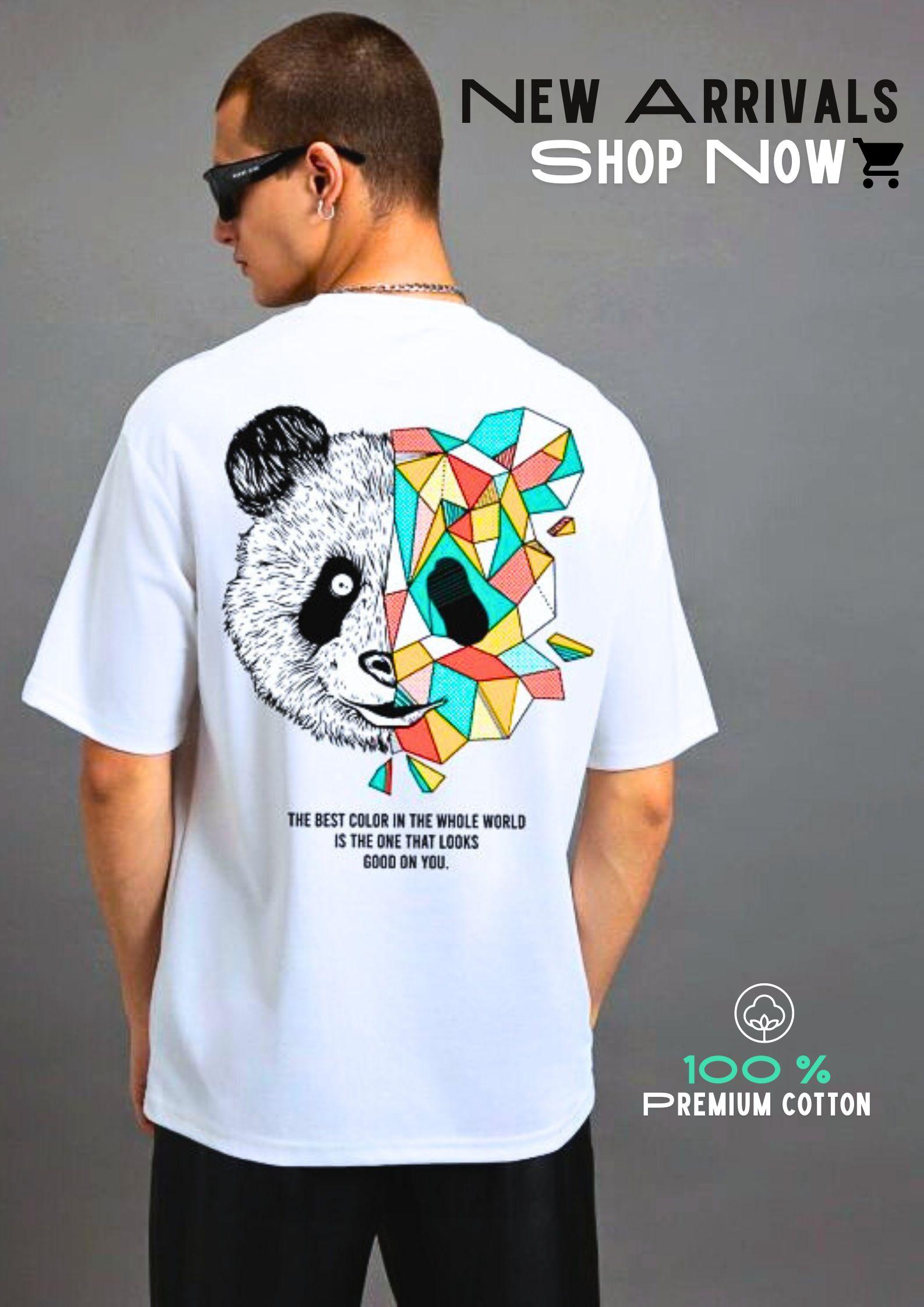 Men's White Geo Panda Graphic Oversized T-Shirt