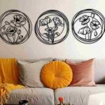 3 Pec Set Flowers Art Wall Hanging Decorations Mdf Wood Material Black Color