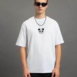 Men’s White Geo Panda Graphic Printed Oversized T-shirt